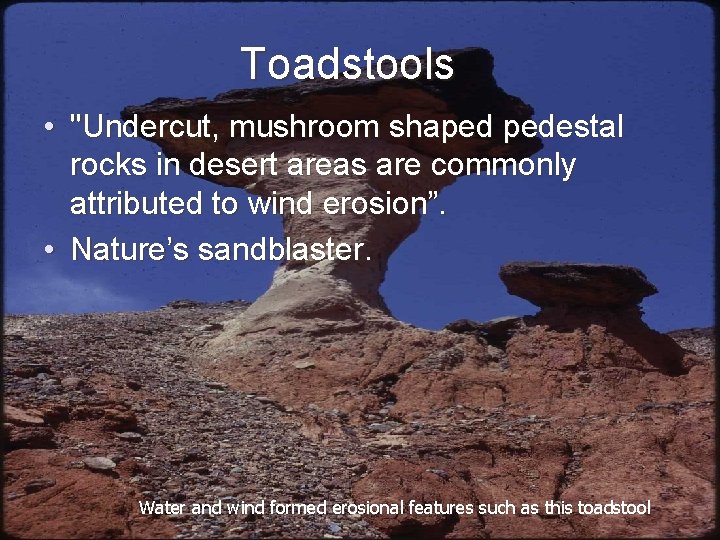Toadstools • "Undercut, mushroom shaped pedestal rocks in desert areas are commonly attributed to