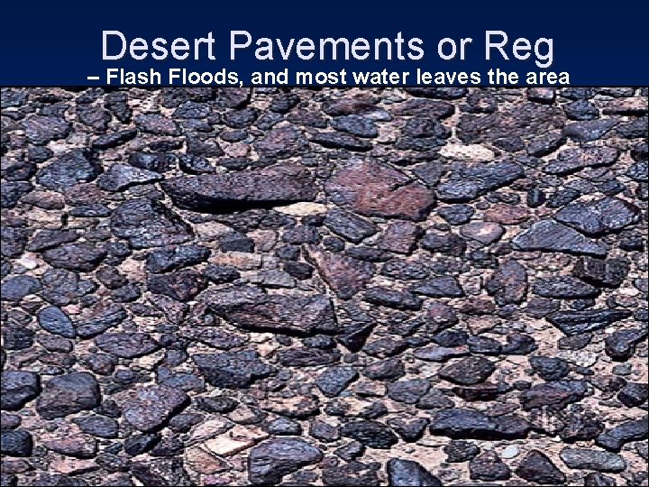 Desert Pavements or Reg – Flash Floods, and most water leaves the area 