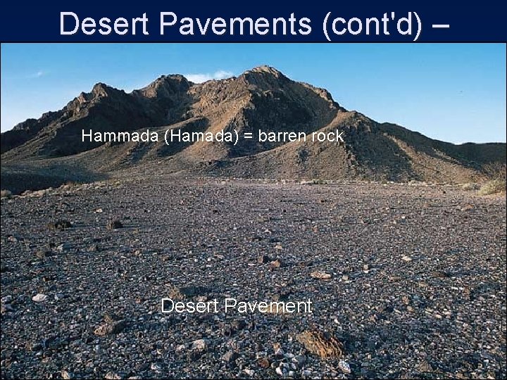 Desert Pavements (cont'd) – Hammada (Hamada) = barren rock Desert Pavement 