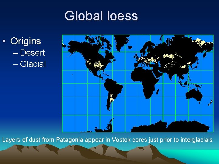 Global loess • Origins – Desert – Glacial Layers of dust from Patagonia appear