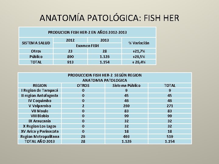 ANATOMÍA PATOLÓGICA: FISH HER PRODUCION FISH HER-2 EN AÑOS 2012 -2013 SISTEMA SALUD Otros