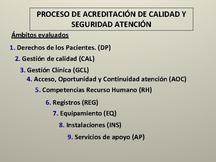 PROCESO DE ACREDITACIÓN DE CALIDAD Y SEGURIDAD ATENCIÓN Ámbitos evaluados 1. Derechos de los