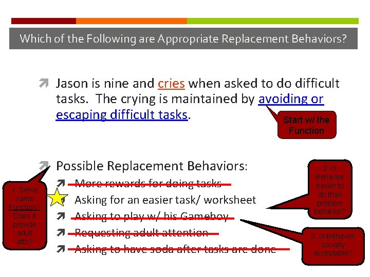 Which of the Following are Appropriate Replacement Behaviors? Jason is nine and cries when