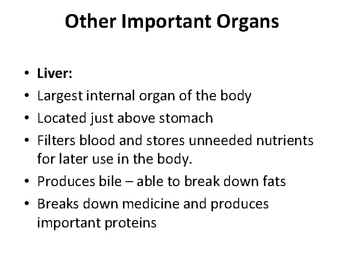 Other Important Organs Liver: Largest internal organ of the body Located just above stomach Other Important Organs Liver: Largest internal organ of the body Located just above stomach