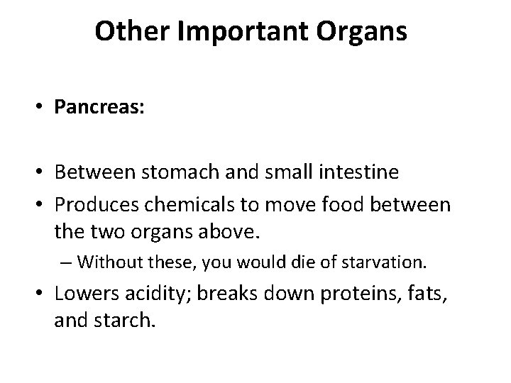 Other Important Organs • Pancreas: • Between stomach and small intestine • Produces chemicals Other Important Organs • Pancreas: • Between stomach and small intestine • Produces chemicals