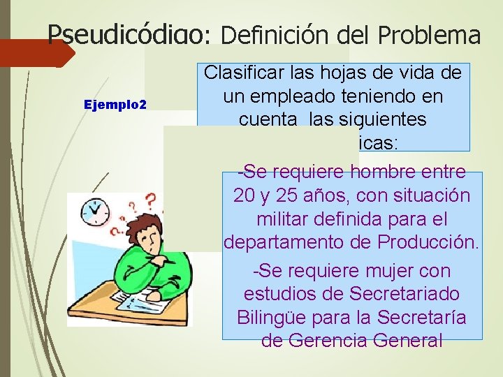 Pseudicódigo: Definición del Problema Ejemplo 2 Clasificar las hojas de vida de un empleado