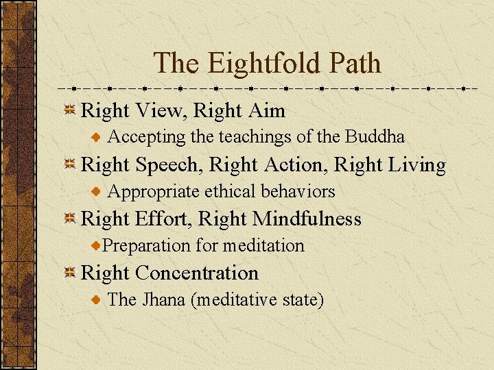The Eightfold Path Right View, Right Aim Accepting the teachings of the Buddha Right