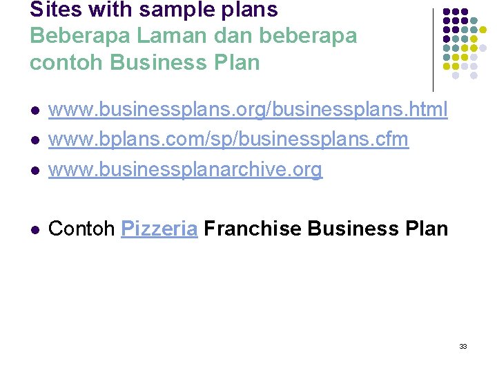 Sites with sample plans Beberapa Laman dan beberapa contoh Business Plan l www. businessplans.