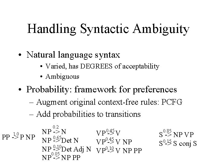 Handling Syntactic Ambiguity • Natural language syntax • Varied, has DEGREES of acceptability •