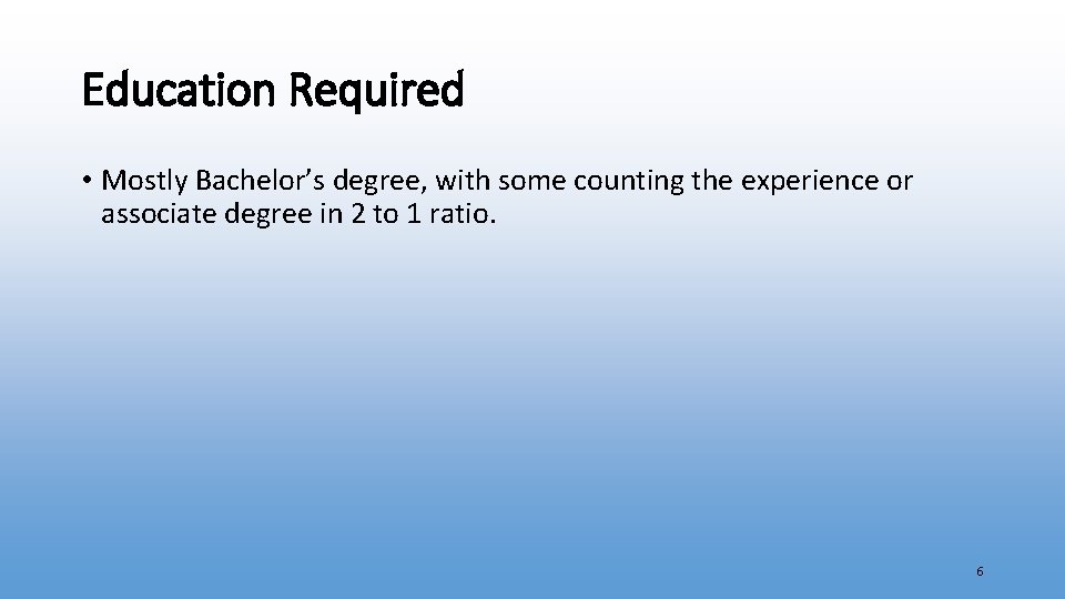 Education Required • Mostly Bachelor’s degree, with some counting the experience or associate degree