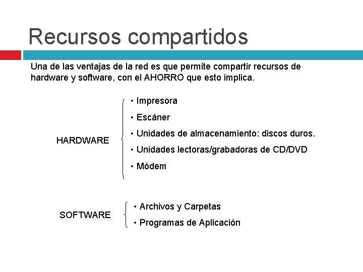 Recursos compartidos Una de las ventajas de la red es que permite compartir recursos