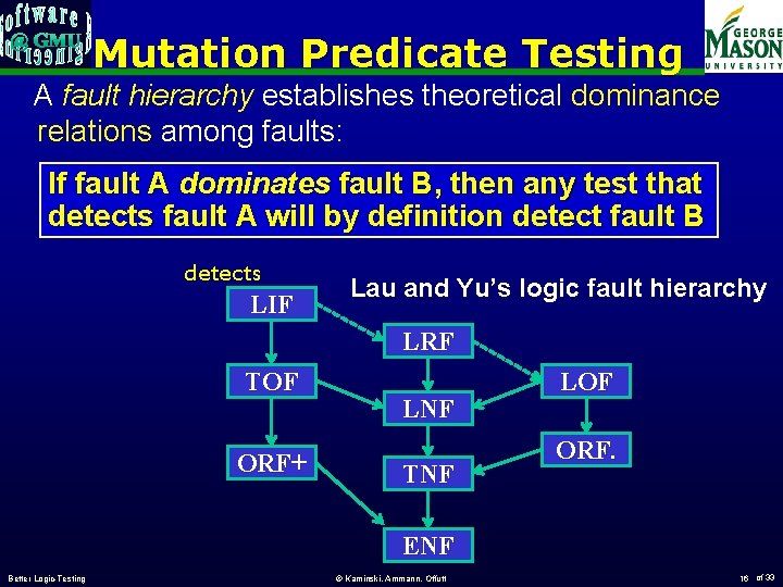 Mutation Predicate Testing A fault hierarchy establishes theoretical dominance relations among faults: If fault