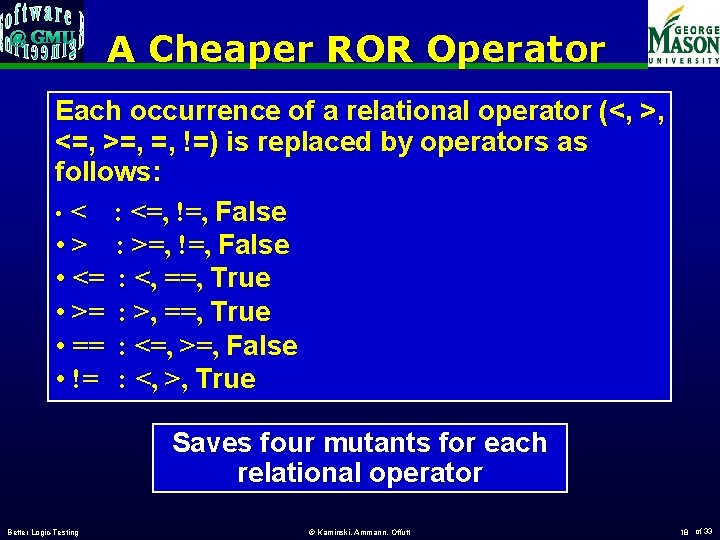 A Cheaper ROR Operator Each occurrence of a relational operator (<, >, <=, >=,