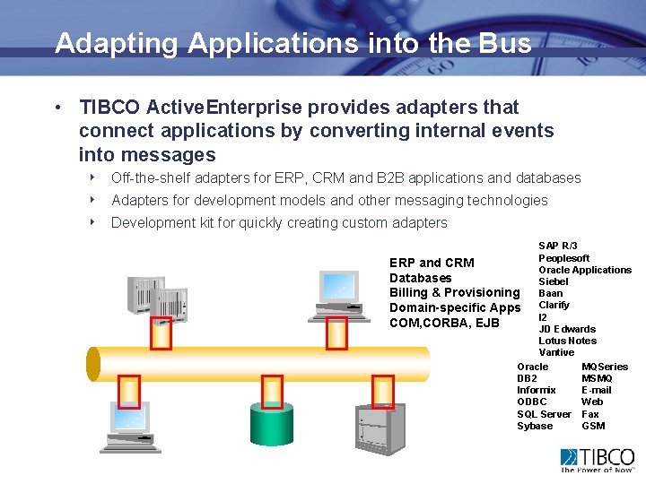 Adapting Applications into the Bus • TIBCO Active. Enterprise provides adapters that connect applications