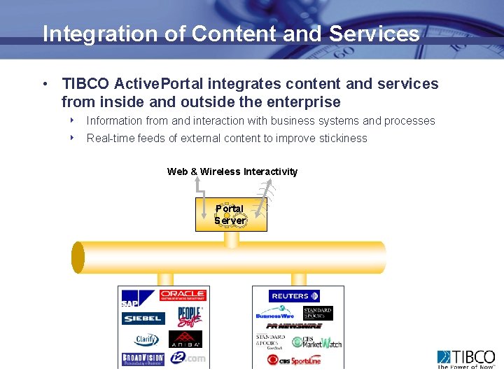 Integration of Content and Services • TIBCO Active. Portal integrates content and services from