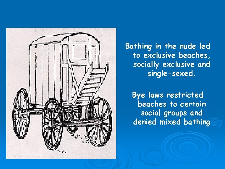 Bathing in the nude led to exclusive beaches, socially exclusive and single-sexed. Bye laws