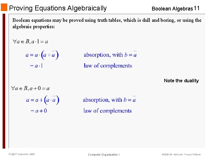 Proving Equations Algebraically Boolean Algebras 11 Boolean equations may be proved using truth tables,