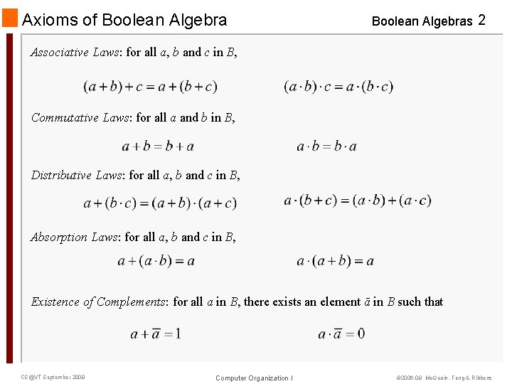 Axioms of Boolean Algebras 2 Associative Laws: for all a, b and c in