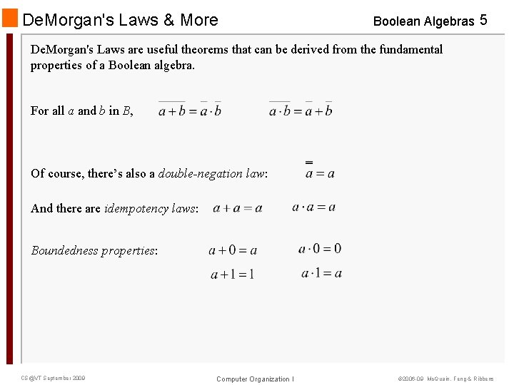 De. Morgan's Laws & More Boolean Algebras 5 De. Morgan's Laws are useful theorems