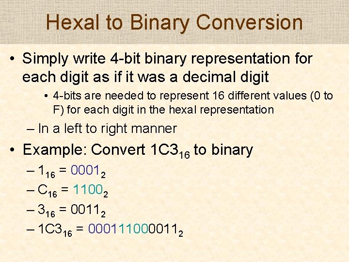 Hexal to Binary Conversion • Simply write 4 -bit binary representation for each digit
