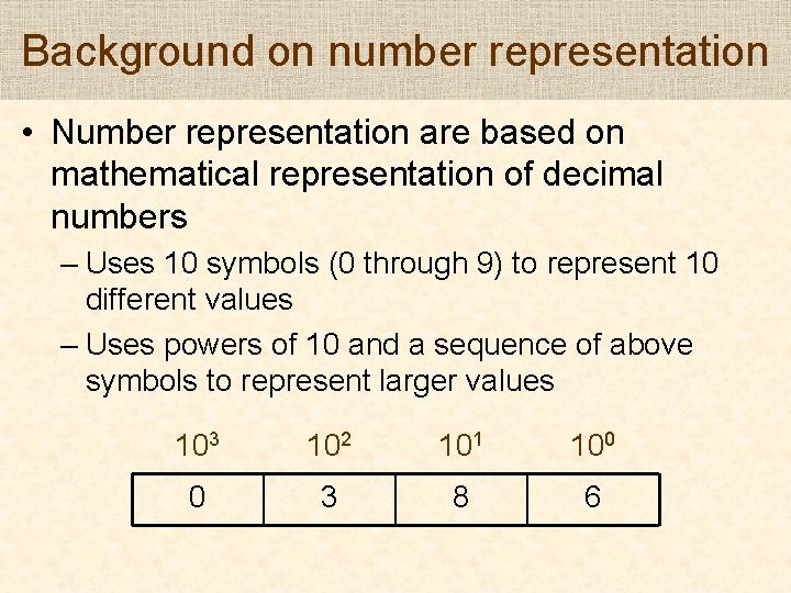 Background on number representation • Number representation are based on mathematical representation of decimal