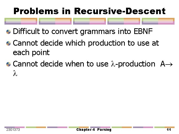 Problems in Recursive-Descent Difficult to convert grammars into EBNF Cannot decide which production to