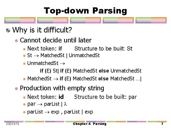 Top-down Parsing Why is it difficult? l Cannot decide until later l l l