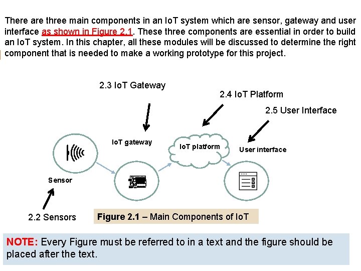 There are three main components in an Io. T system which are sensor, gateway