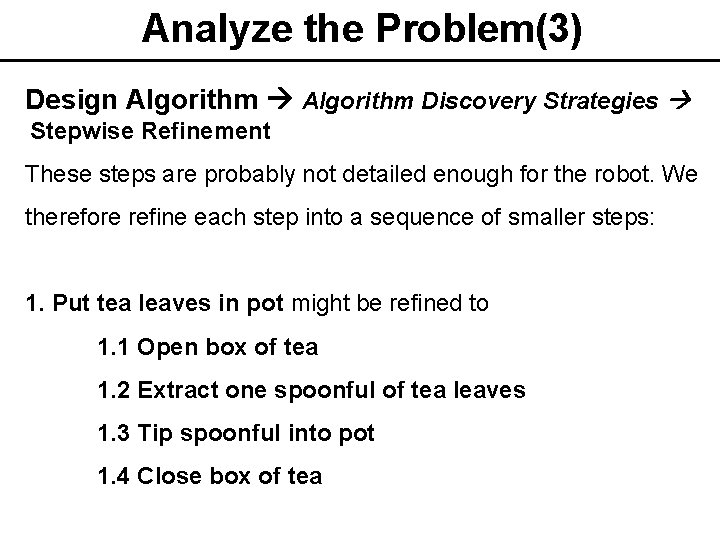 Analyze the Problem(3) Design Algorithm Discovery Strategies Stepwise Refinement These steps are probably not