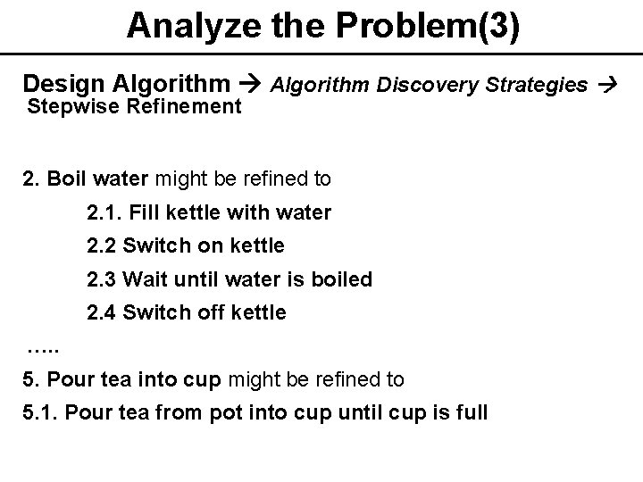Analyze the Problem(3) Design Algorithm Discovery Strategies Stepwise Refinement 2. Boil water might be
