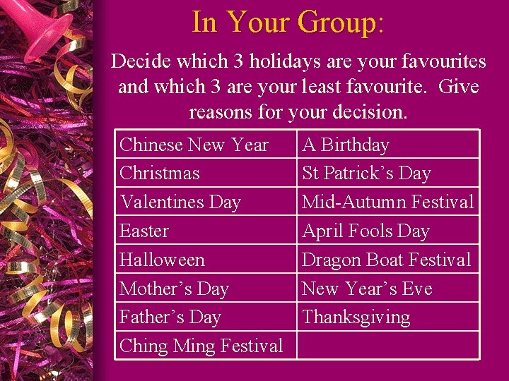 In Your Group: Decide which 3 holidays are your favourites and which 3 are