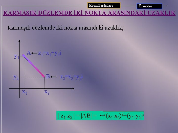 Konu Başlıkları Örnekler KARMAŞIK DÜZLEMDE İKİ NOKTA ARASINDAKİ UZAKLIK Karmaşık düzlemde iki nokta arasındaki