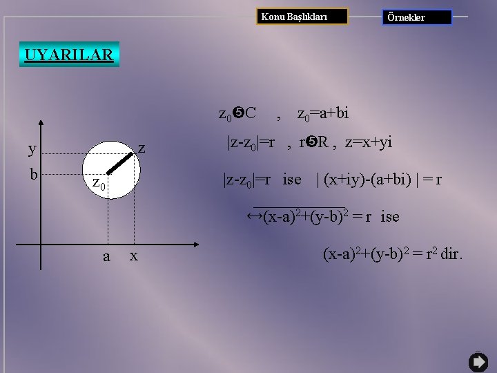 Konu Başlıkları Örnekler UYARILAR z 0 C z y b , z 0=a+bi |z-z