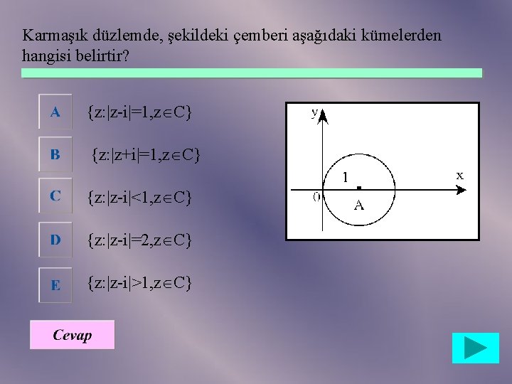 Karmaşık düzlemde, şekildeki çemberi aşağıdaki kümelerden hangisi belirtir? {z: |z-i|=1, z C} {z: |z+i|=1,