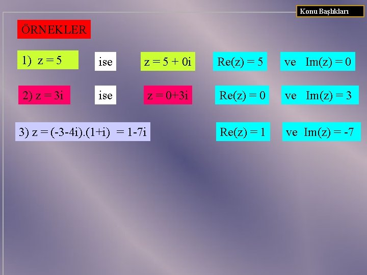 Konu Başlıkları ÖRNEKLER 1) z = 5 ise z = 5 + 0 i