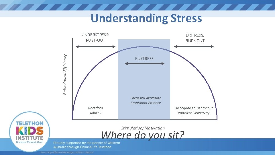 Understanding Stress Behavioural Efficiency UNDERSTRESS: RUST-OUT DISTRESS: BURNOUT EUSTRESS Focussed Attention Emotional Balance Boredom