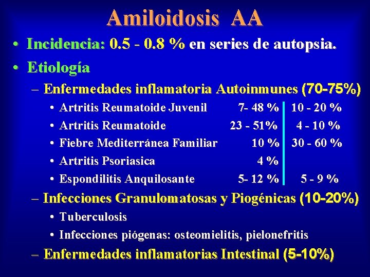 Amiloidosis AA • Incidencia: 0. 5 - 0. 8 % en series de autopsia.