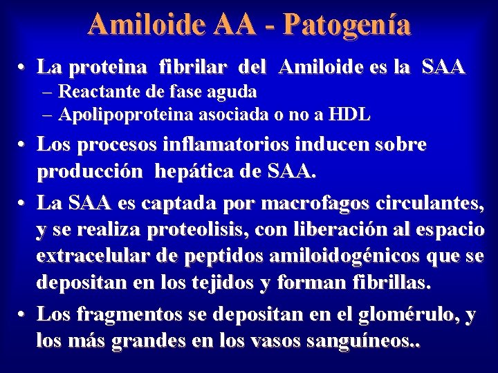 Amiloide AA - Patogenía • La proteina fibrilar del Amiloide es la SAA –