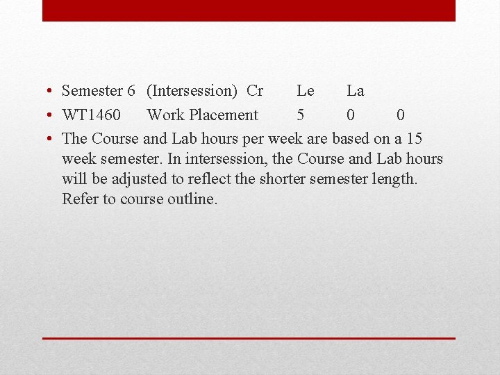  • Semester 6 (Intersession) Cr Le La • WT 1460 Work Placement 5