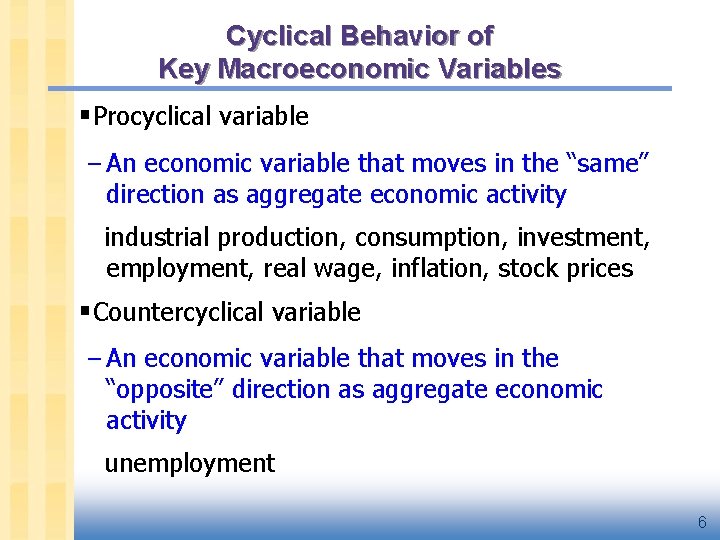 Cyclical Behavior of Key Macroeconomic Variables §Procyclical variable – An economic variable that moves