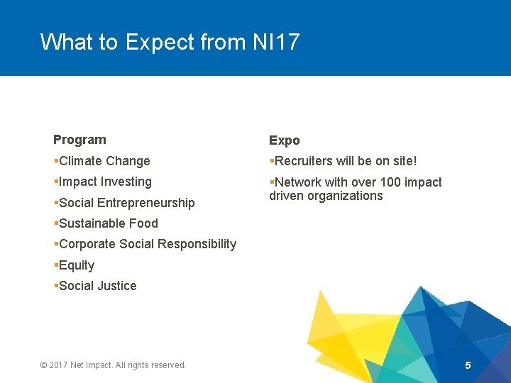 What to Expect from NI 17 Program Expo §Climate Change §Recruiters will be on