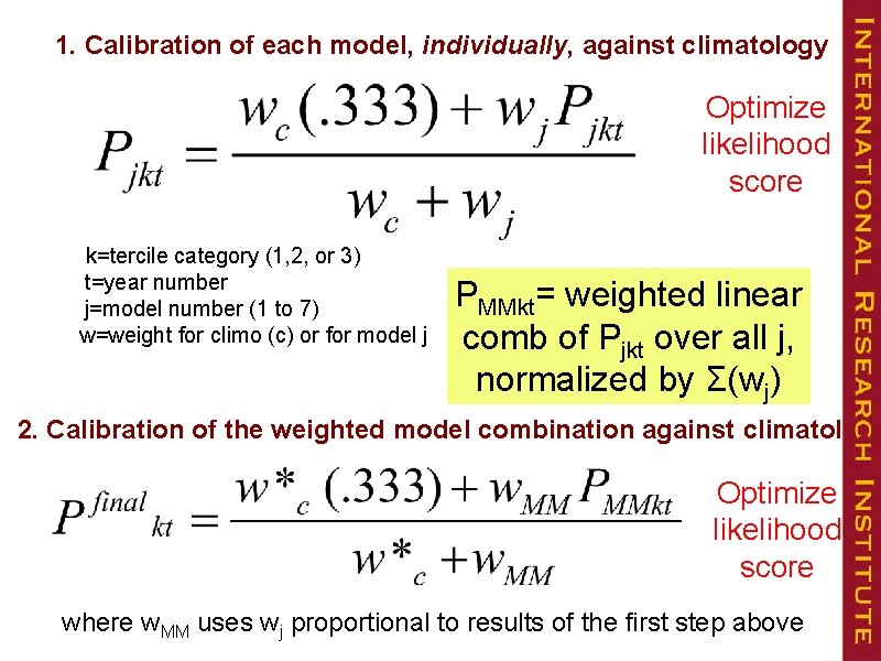 1. Calibration of each model, individually, against climatology Optimize likelihood score k=tercile category (1,