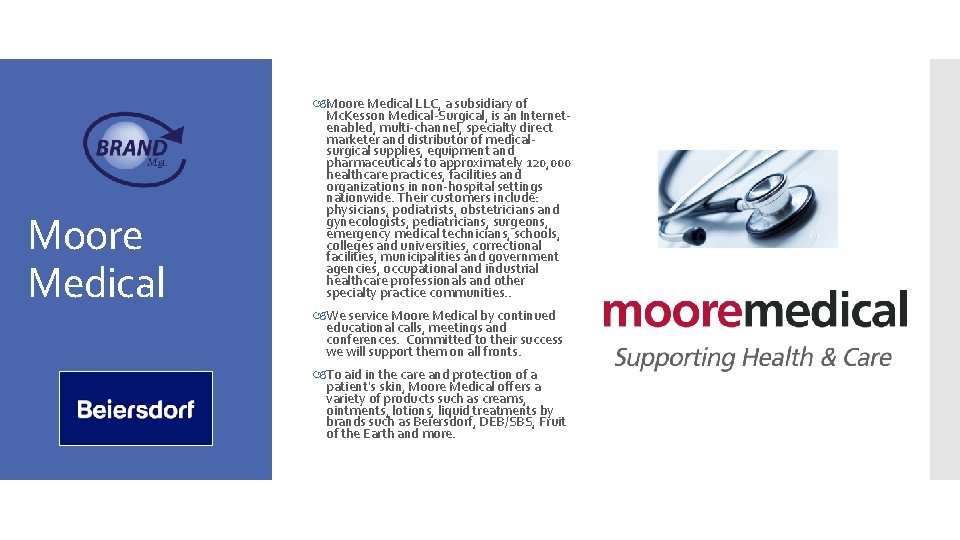Moore Medical LLC, a subsidiary of Mc. Kesson Medical-Surgical, is an Internetenabled, multi-channel, specialty