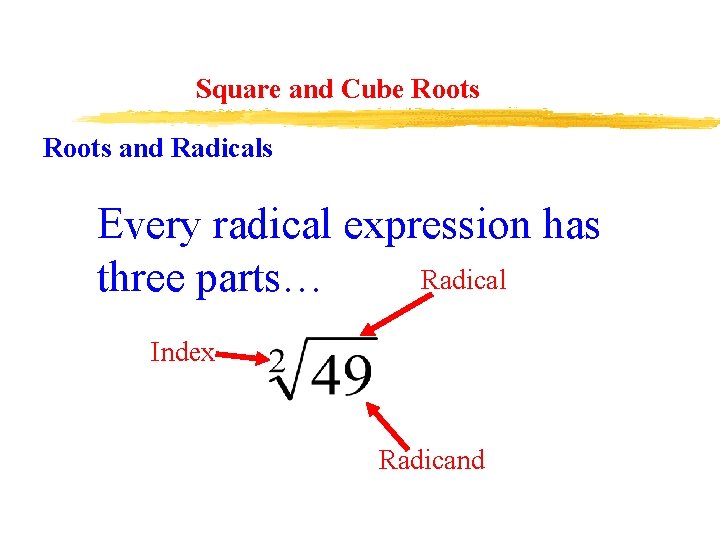 Square and Cube Roots and Radicals Every radical expression has Radical three parts… Index