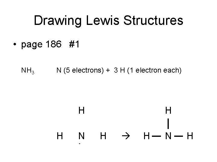 Drawing Lewis Structures • page 186 #1 NH 3 N (5 electrons) + 3