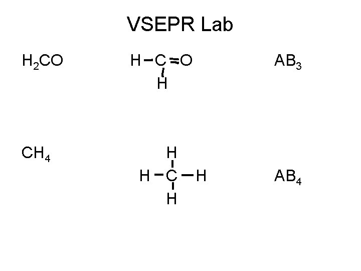 VSEPR Lab H 2 CO CH 4 H C O H H H C
