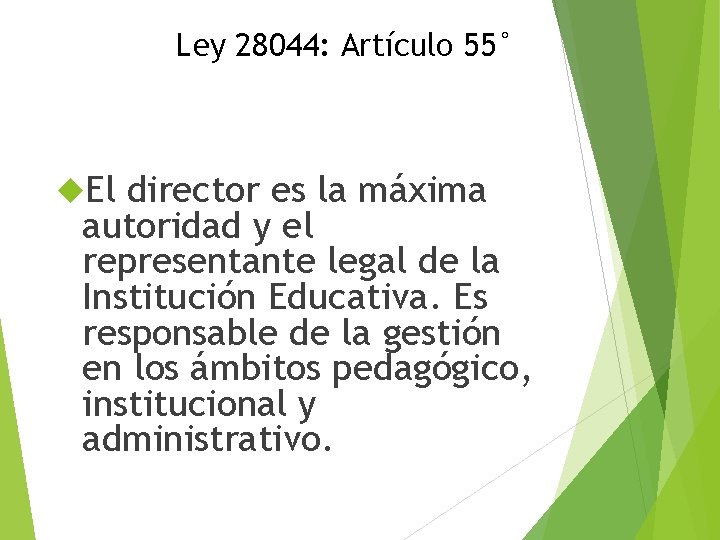 Ley 28044: Artículo 55° El director es la máxima autoridad y el representante legal