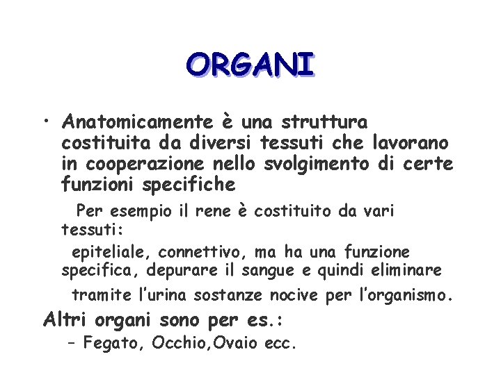 ORGANI • Anatomicamente è una struttura costituita da diversi tessuti che lavorano in cooperazione