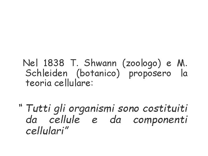 Nel 1838 T. Shwann (zoologo) e M. Schleiden (botanico) proposero la teoria cellulare: “