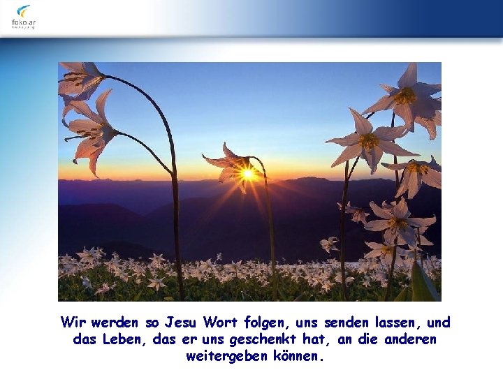 Wir werden so Jesu Wort folgen, uns senden lassen, und das Leben, das er